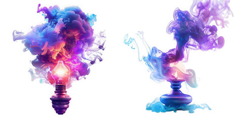 Abstract explosion of vibrant colorful smoke emanating from a glowing light bulb, isolated on transparent background