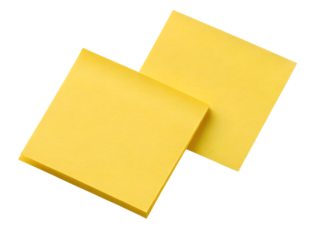 Two bright yellow sticky notes arranged diagonally on a transparent background for easy use isolated on transparent background