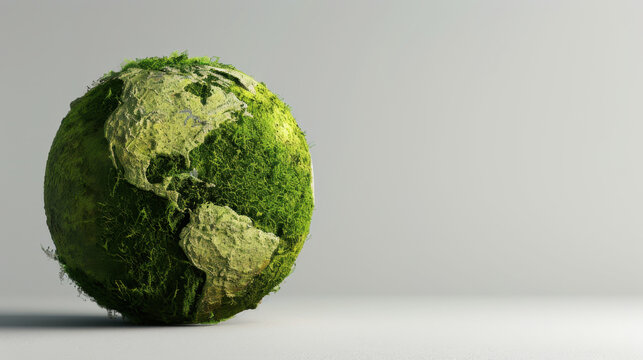 Globe covered green moss symbolizes environmental sustainability and global awareness. This artistic representation highlights importance of protecting our planet and promoting eco friendly