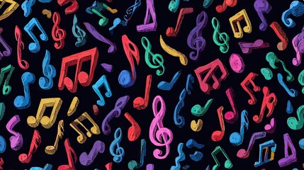 Colorful musical notes pattern on a dark background.
