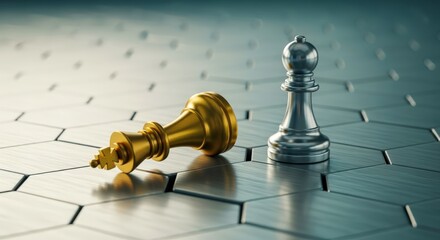 Strategic Chess Game Concept: Fallen Golden King Beside a Silver Bishop on a Hexagonal Board