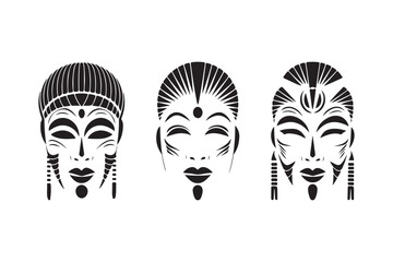 Three stylized tribal masks with intricate facial details
