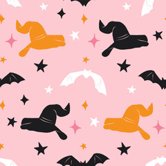 Seamless pattern with witch hats, bats, and stars on a light pink background. Flat vector illustration. Halloween holiday and spooky night concept