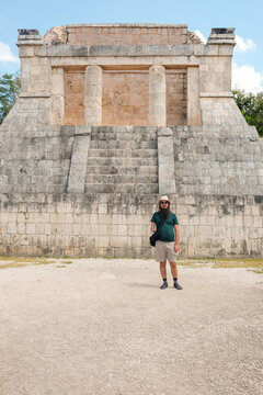 Traveler at Mayan Temple Base Chichen Itza