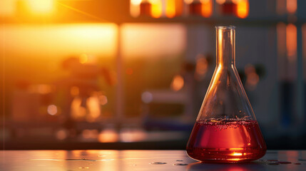 Laboratory flask filled with vibrant red liquid sits table, illuminated by warm glow of sunset. background features blurred laboratory equipment, creating serene and focused atmosphere