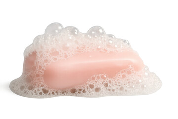 Pink soap bar covered by soap suds on transparent background