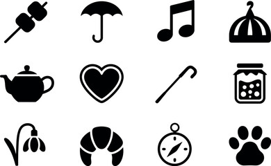Simple Black Glyph Icons:  Tea, Music, Heart,  Travel, and More.