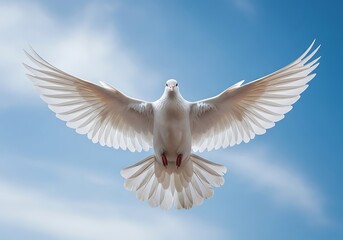 Obraz premium A majestic white dove with outstretched wings soars gracefully against a vibrant blue sky bathed in soft sunlight