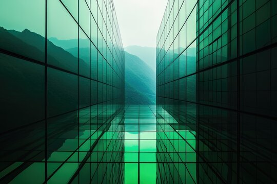 Green glass buildings reflect mountains, creating a stunning symmetrical view of nature and architecture. - Powered by Adobe