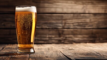 Refreshing Glass of Beer on Rustic Wooden Table Perfect for Brewery Ads or Pub Menus