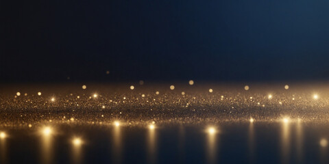 Fototapeta premium Golden shimmering particles with glowing reflections on dark background, abstract light art, Generative AI