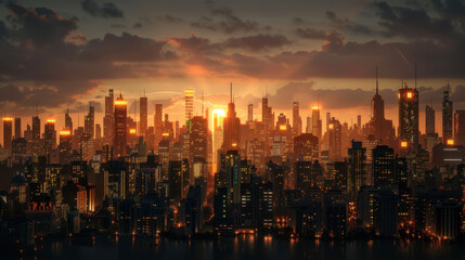 Naklejka premium Vibrant city skyline sunset showcases towering skyscrapers illuminated by warm lights, reflecting futuristic urban landscape. scene evokes sense of wonder and innovation, highlighting beauty