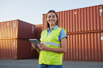 Confident female logistics manager in a safety vest uses a digital tablet while standing in a shipping container yard, smiling professionally at a commercial port