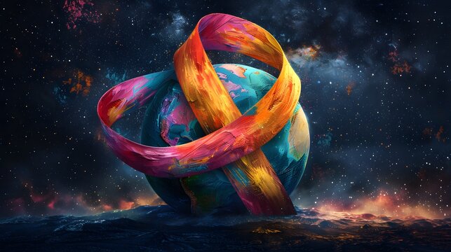 Vibrant Ribbon Wrapped Earth Global Unity Cosmic Sky