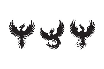 Three silhouetted mythical phoenix birds in flight