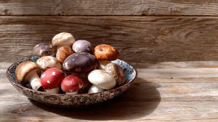 Obraz premium Assortment of colorful mushrooms in a rustic bowl on a wooden surface A beautiful autumn harvest still life