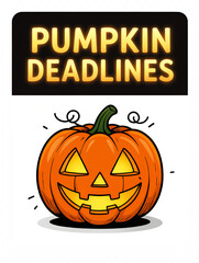 A carved jack o' lantern with a cheerful grin is surrounded by swirling patterns. Glowing yellow text reads 'PUMPKIN DEADLINES' on a black background.