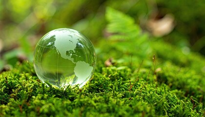 A clear glass globe rests on a patch of vibrant green moss in a natural setting.