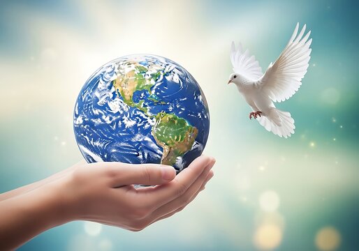 A gentle hand cradles the earth as a white dove of peace soars towards the heavens in a hopeful sky