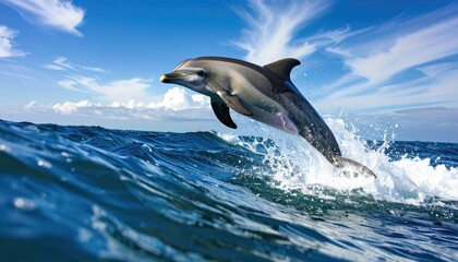 Fototapeta premium A dolphin leaps from a wave in the ocean under a blue sky with scattered clouds.