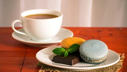 Tea and colorful macarons on wooden table