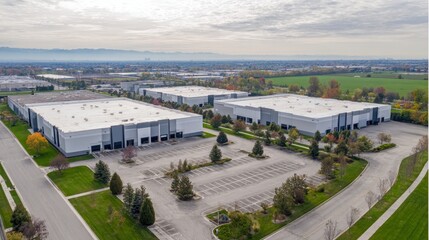 Aerial View of Modern Distribution Warehouses in an Industrial Park on a Cloudy Day
