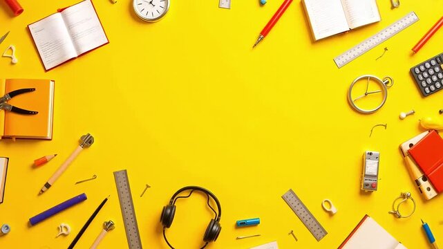 Time management and productivity tools scattered on vibrant yellow surface flat lay for learning video