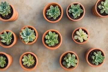 Overhead view of twelve succulents in terracotta pots arranged in a pattern on a neutral background.