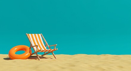 Summer Beach Relaxation Striped lounge chair and swim ring on golden sand under clear blue sky.