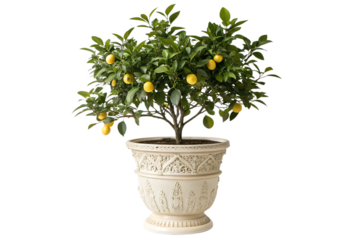 A small lemon tree with ripe lemons in a decorative pot against a black background