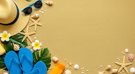 Summer vacation items on a sandy beach background with tropical leaves and copy space