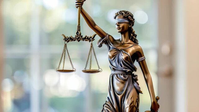 Close-up studio shot of a bronze statue of Lady Justice. She wears a blindfold, and holds scales in one hand and a sword in the other. Representing law, impartiality and justice.