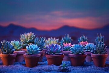 Collection of succulents in terracotta pots at sunset, desert backdrop.