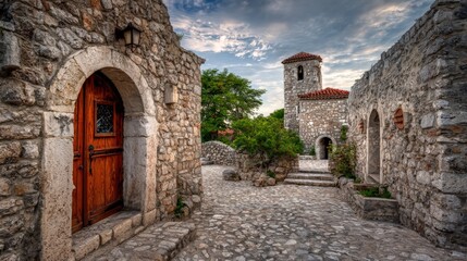 Fototapeta premium Historical European Village Street View with Stone Buildings, Arched Doorways, and Tower on a Cloudy Day