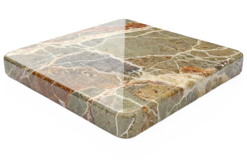 High-Resolution Polished Marble Slab: Green, Brown, and Beige Veining, Square Shape, Isolated on White Background