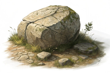 Cracked Boulder, Grassy Path, and Small Plants: Serene, Rustic Digital Painting.
