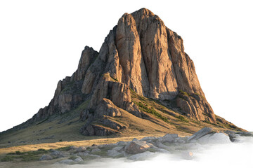 Majestic Sunrise Mountain Peak: Dramatic Rock Formation, Serene Landscape, Isolated on White Background