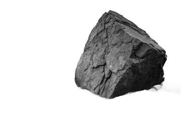 Monochromatic Photo of a Large, Cracked, Dark Grey Boulder Isolated on White Background