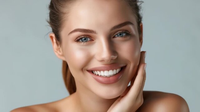 A close-up studio shot captures a beautiful young woman with a radiant smile, showcasing impeccable skin and dental hygiene against a light gray backdrop. Her poise and confidence shine through.