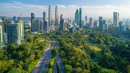 Obraz premium Kuala Lumpur Cityscape: A Modern Metropolis with Greenery, Urban Development, and Iconic Skyscrapers