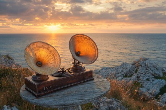 Vintage gramophone with horn speakers sits on a coastal cliff at sunset, enjoying the tranquil ocean view.