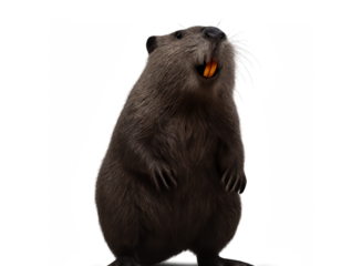 A north american beaver stands upright on its hind legs showcasing its prominent orange incisor teeth and thick brown fur isolated on transparent background