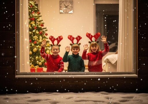 Three happy children wearing reindeer antlers wave from inside a window on a snowy christmas evening