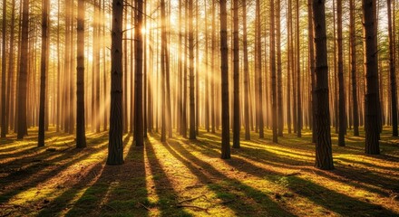 Obraz premium Sunlight streaming through tall pine trees in serene forest at sunrise