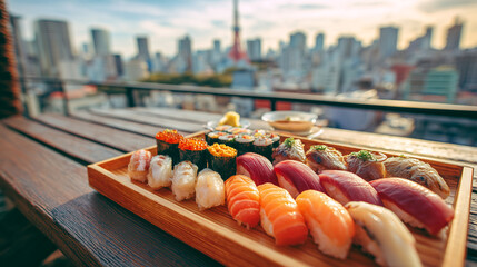 A wooden tray of Sushi placed on a rooftop restaurant background with Tokyo cityscape, Japanese cuisine