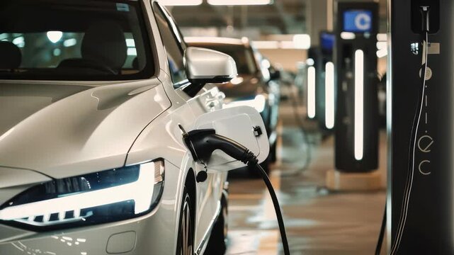 An electric vehicle is shown at a charging station. The car is plugged in. In the background, there are rows of other charging stations. The charging points glow with modern lighting.