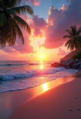 vibrant sunset over calm beach waves stunning colorful horizon peaceful coastal landscape, water, sky, clouds, ocean, reflection, shore, dusk, tide, palm