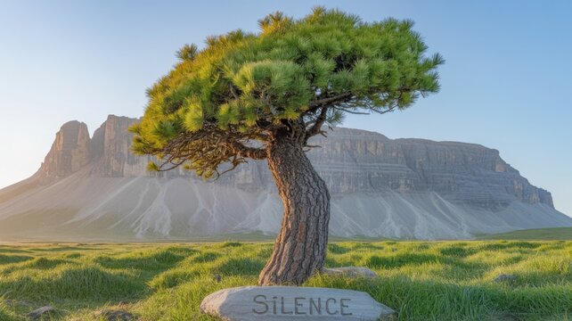 Lone Tree with " Silence" Stone in Front of Mountain