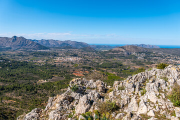 Viewpoint Coll de Rates with panoramic view of mountains, valleys and Mediterranean Sea in Alicante, Spain.