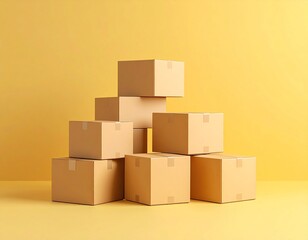 Obraz premium Varias cajas de cartón pequeñas apiladas ordenadamente sobre fondo amarillo pastel